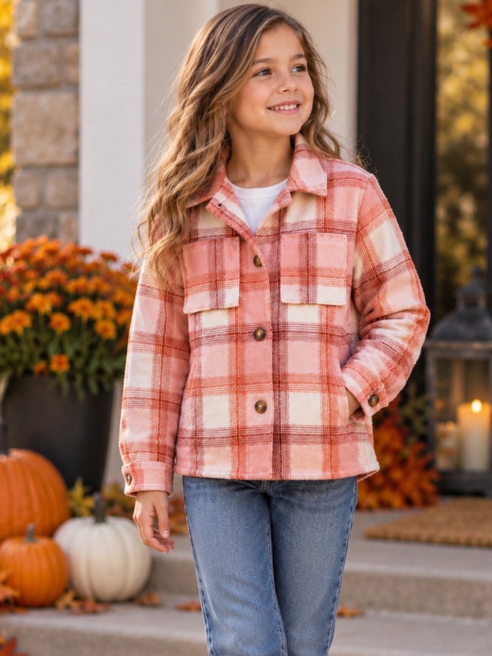 Old Navy Girls Plaid Shacket Size 8 Peach Pink Rust Button Front